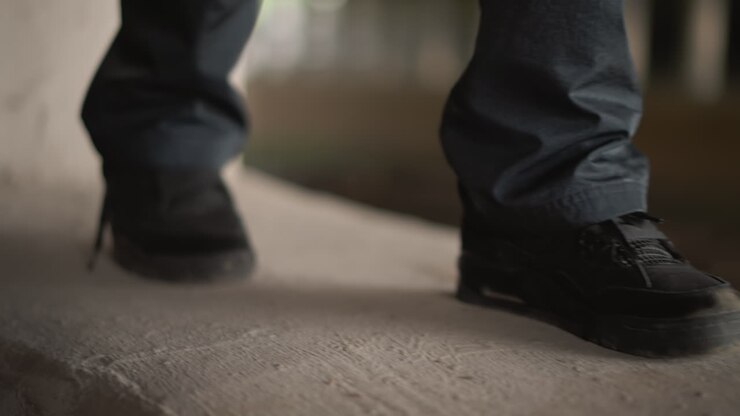 Primo piano di una scarpa da ginnastica bagnata che calpesta il cemento, gocce di pioggia al rallentatore che schizzano, luccichio di pozzanghere riflettenti sotto il bagliore di un sottopassaggio, risvolto in denim che sfiora la superficie granulosa, passo del pendolare che trasmette determinazione.