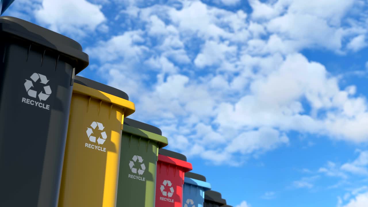Colorful plastic trash cans with recycling logo. Repeating cycle animation on the background of the cloudy sky. Symbol for recycling, sorting waste and preserving the environment