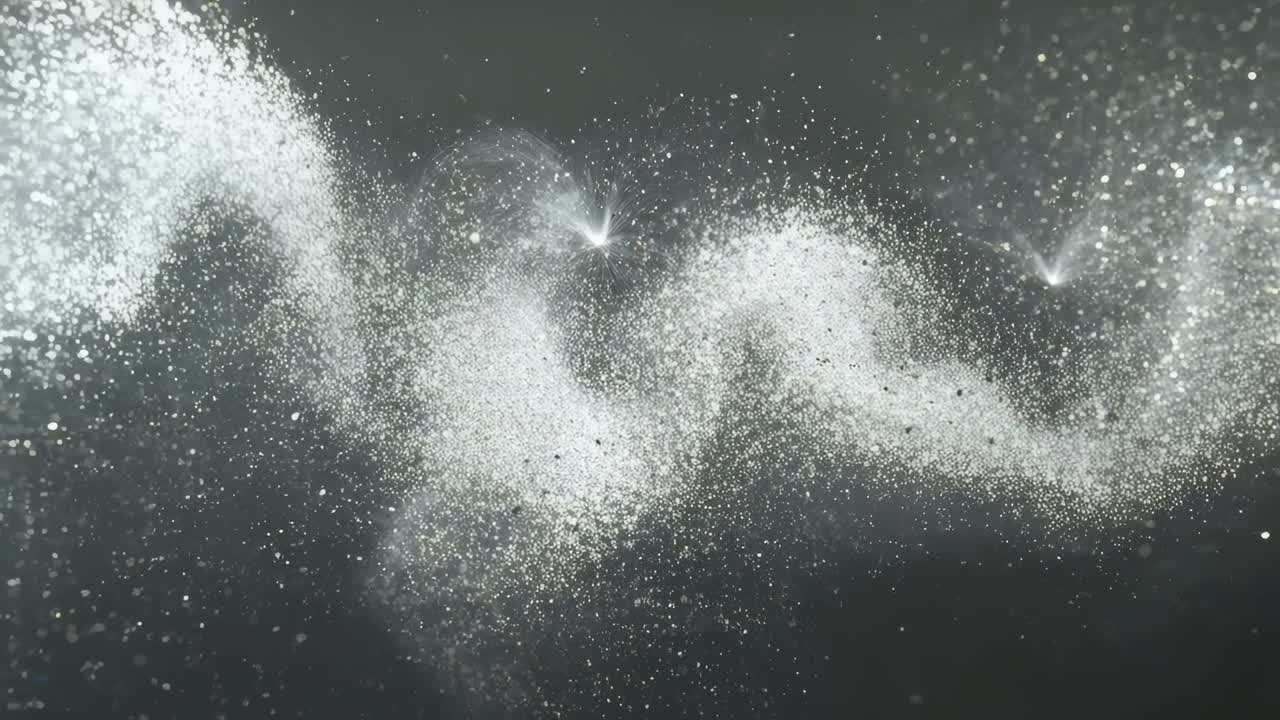 Cluster sinistro appariscente con nastro di particelle iniziali che forma un'onda a S su sfondo scuro con due scintille