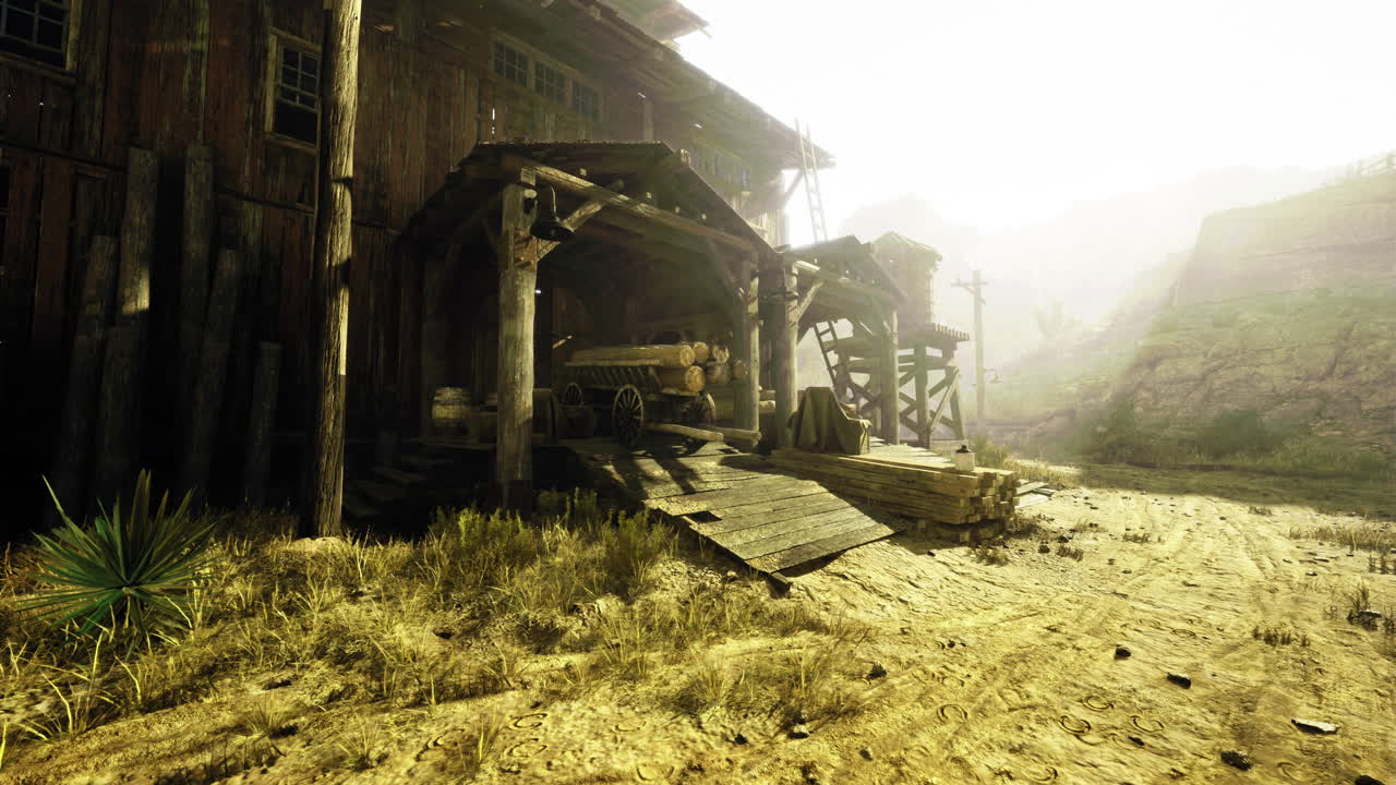 해가 뜨는 시골 풍경 의 먼지 가득 한 길 에 마차 를 타고 있는 은 나무 창고