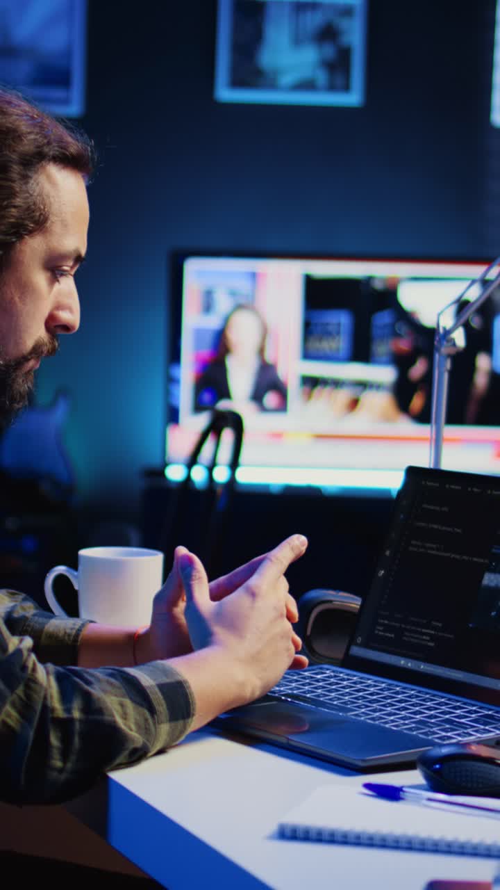 Vertical video Man in home office typing on keyboard, updating AI neural networks