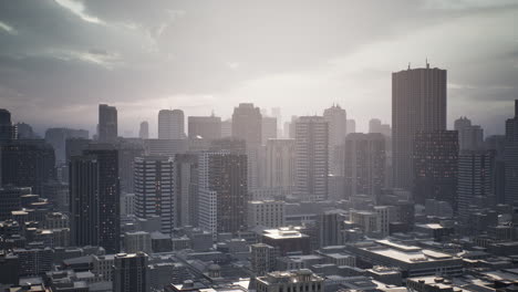 skyline aerial view at sunset with skyscrapers