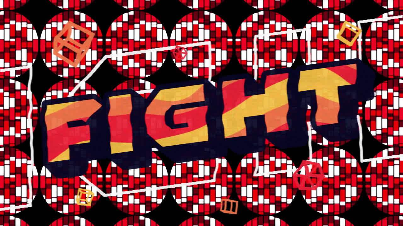 Animation of fight text over red shapes