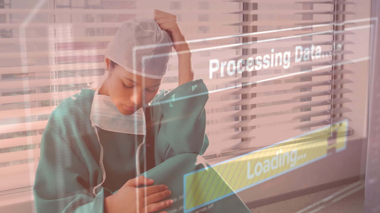 Processing data and loading animation over tired healthcare worker in hospital