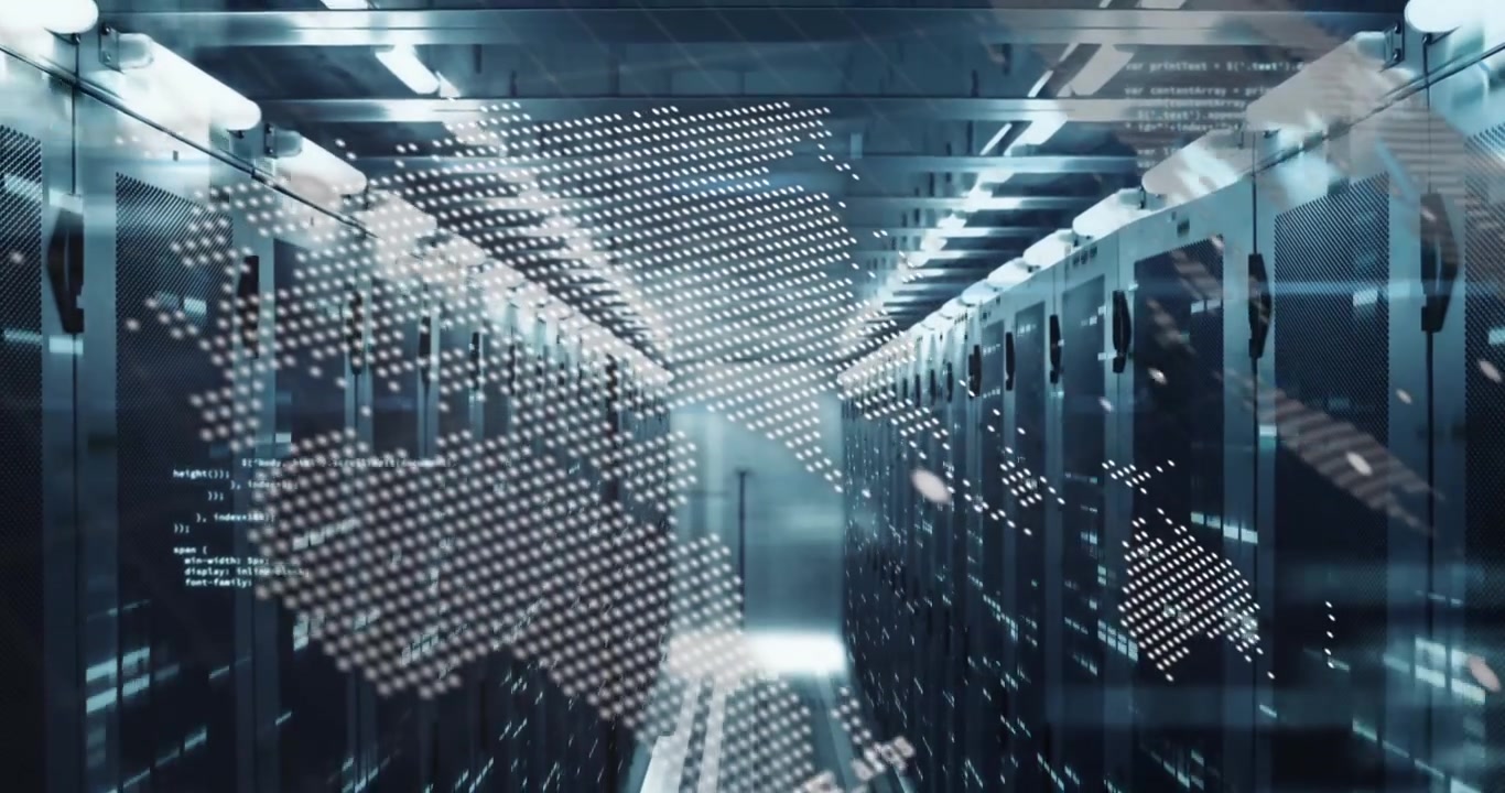 Animation of world map, data processing and mosaic sqaures against computer server room