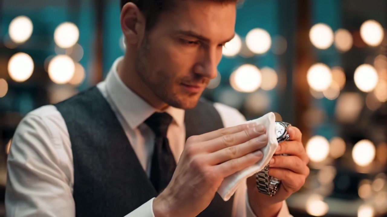 Lucidatura meticolosa di un orologio di lusso: un gentiluomo impegnato nell'arte della cura degli orologi con riflessi di luci sullo sfondo che esaltano l'eleganza della scena.