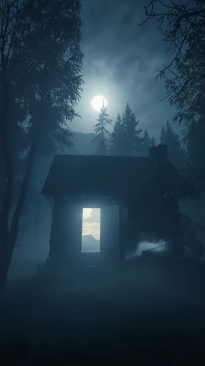 Vídeo vertical: luna llena detrás de unos pinos que ilumina la ventana de una cabaña de madera con humo que se eleva entre la niebla