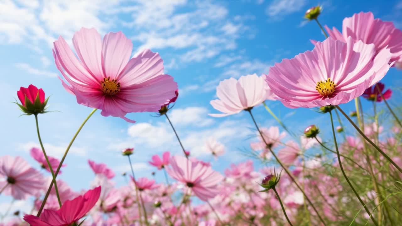 Un vídeo sereno que captura un campo de flores rosas ondeando suavemente bajo un cielo azul brillante, grabado