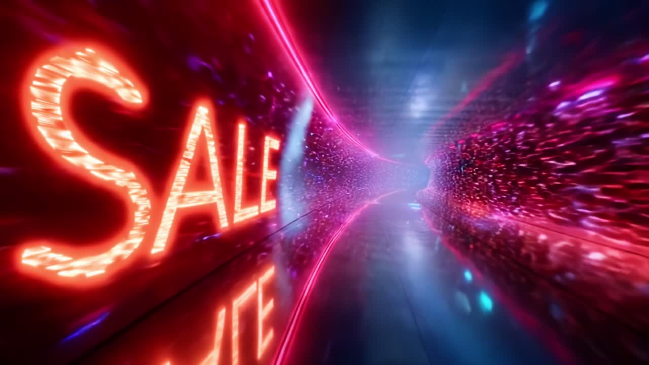 A Vibrant and Dynamic Tunnel of Lights Featuring a Bold 'Sale' Display, Creating an Eye-Catching Atmosphere Perfect for Marketing Promotions and Engaging Consumers in a Futuristic Setting