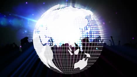animation of glowing particles over spinning globe icon against silhouettes of people dancing