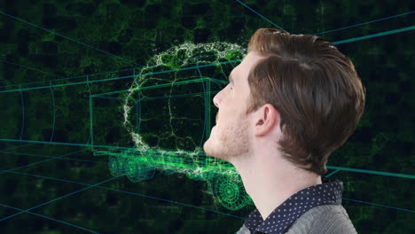 animación del hombre caucásico y el cerebro humano sobre modelo de dibujo 3d de camión y cuadrícula