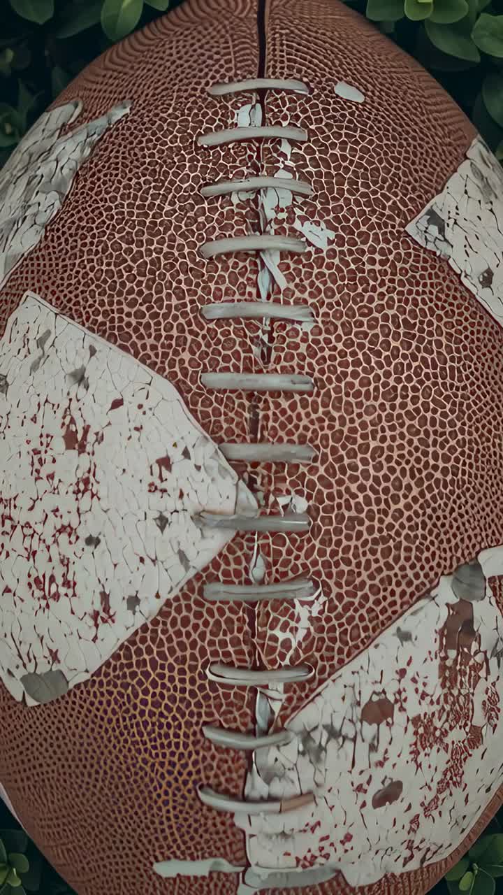 Vertical video: Pulling camera closer to worn football on green plants, showing texture, laces