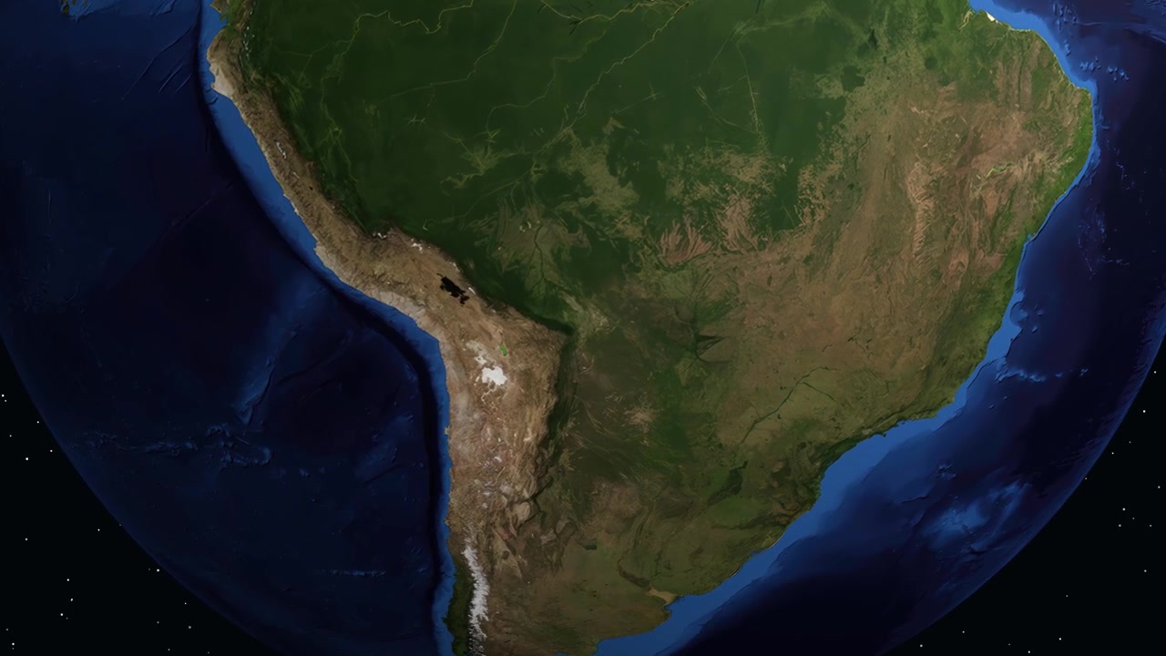 Animação digital com zoom do espaço para a América do Sul, destacando Santa Cruz de la Sierra, Bolívia.