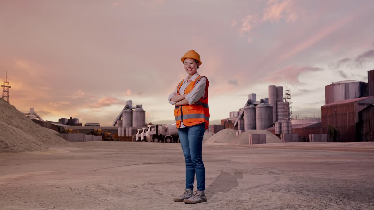 Vista lateral de cuerpo completo de una ingeniera asiática con casco de seguridad cruzando los brazos y mirando a su alrededor mientras está de pie en una planta de cemento industrial con camiones hormigonera al atardecer