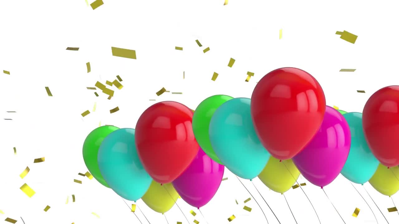 Animazione di coriandoli dorati che cadono su palloncini colorati, su sfondo bianco.