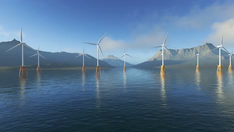 An-offshore-Windmill-farm-in-the-water.-Multiple-wind-turbines-producing-electric-power-using-the-environmental-force-of-wind-with-beautiful-mountains-in-the-background,-and-wavy-water-beneath-them.