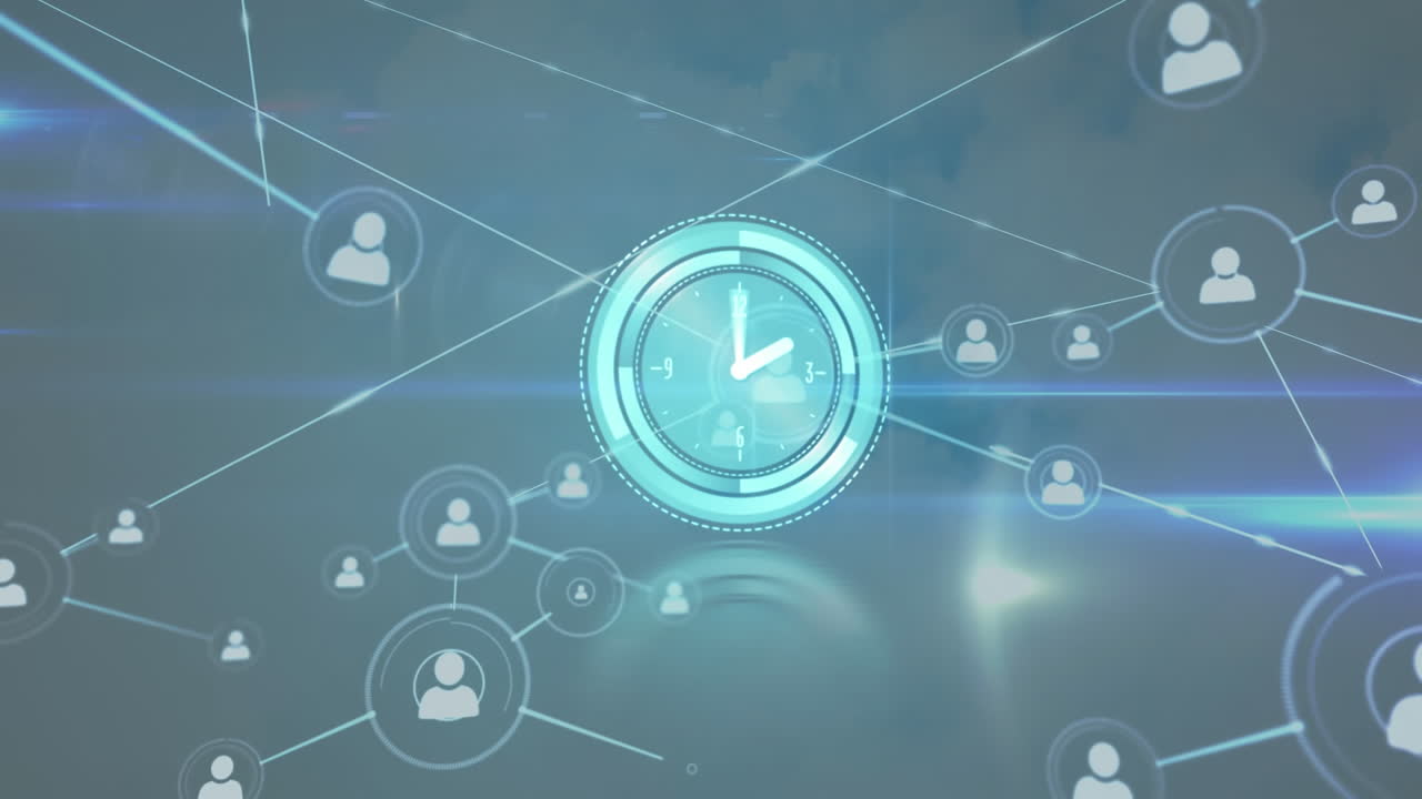Animation of moving clock and network of connections over sky