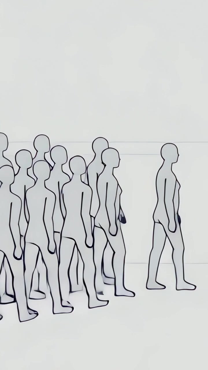 Vertical video: Entering single sketch figure causing others walking on pale plane faint guide line
