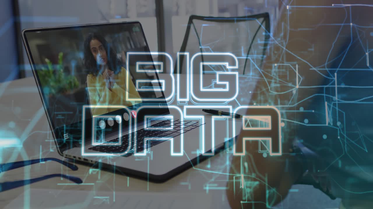 User tapping laptop and starting call interface while drifting data visuals highlighting BIG DATA