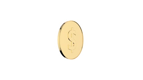 3d animation of shiny golden dollar coin spinning and rotating 360 degrees isolated on a white background