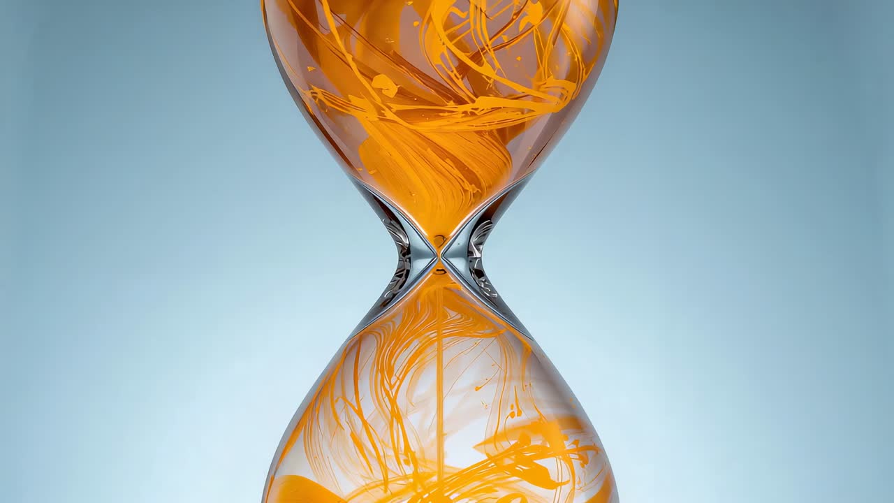 Gravity causing orange liquid dripping through vessel connector, forming swirls on blue wall