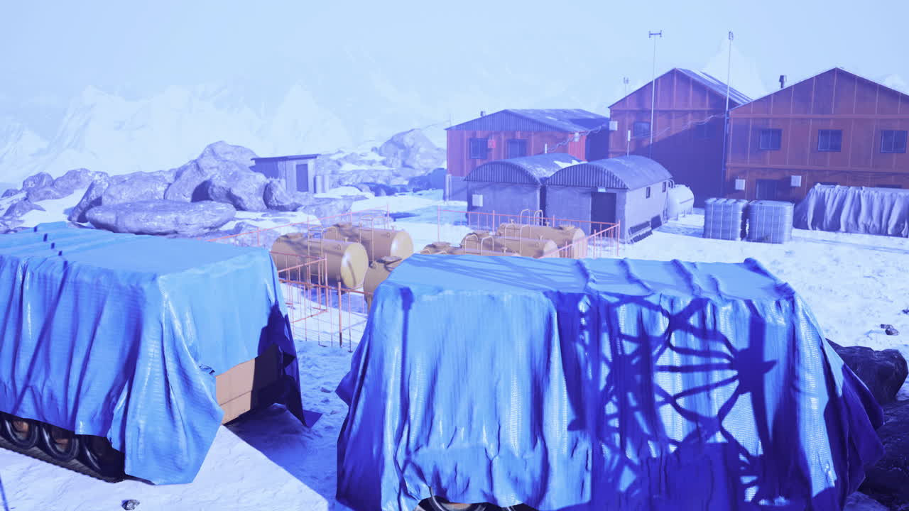 Exploring a remote winter campsite under a soft blanket of snow and fog