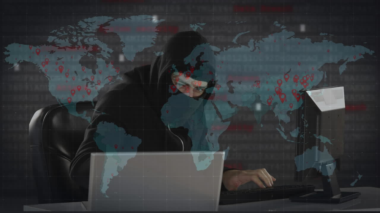 animación del procesamiento de datos sobre un hacker con una computadora portátil