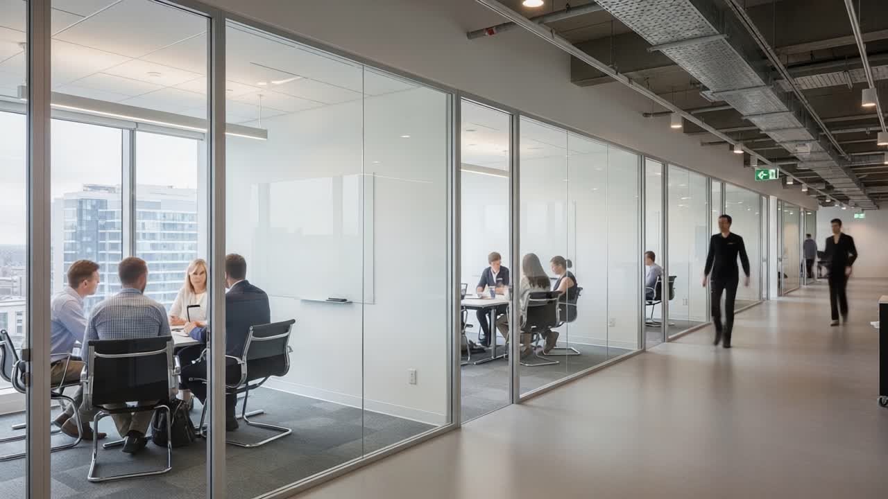 A Dynamic Office Environment Showcasing Collaboration and Productivity in Modern Glass-Walled Conference Rooms with Professionals Engaged in Discussions