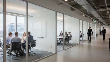a dynamic office environment showcasing collaboration and productivity in modern glass-walled conference rooms with professionals engaged in discussions
