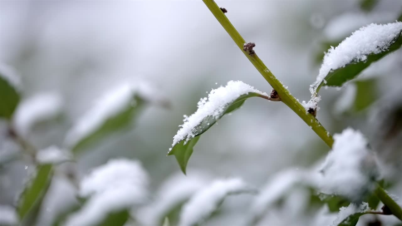 Slow motion snowfall on snow capped plants, green leafs in the nature, winter weather, white cover, static shot, copy space
