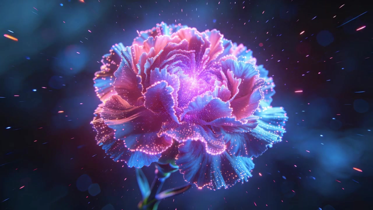 Pulsing stylized carnation brightening core, emitting motes against dark backdrop with bead lights