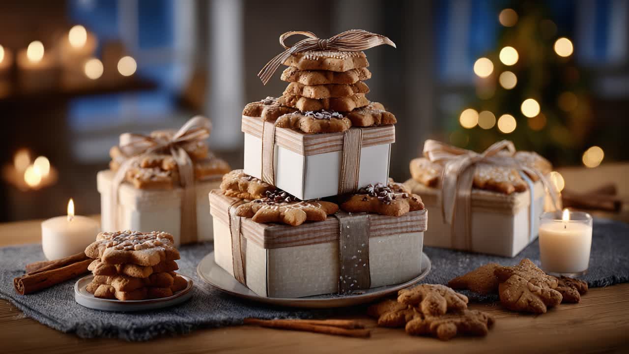 Deliciously Decorated Cookie Gift Boxes with Festive Bow Ribbons and Warm Candlelight, Perfect for Celebrating the Holiday Season with Friends and Family