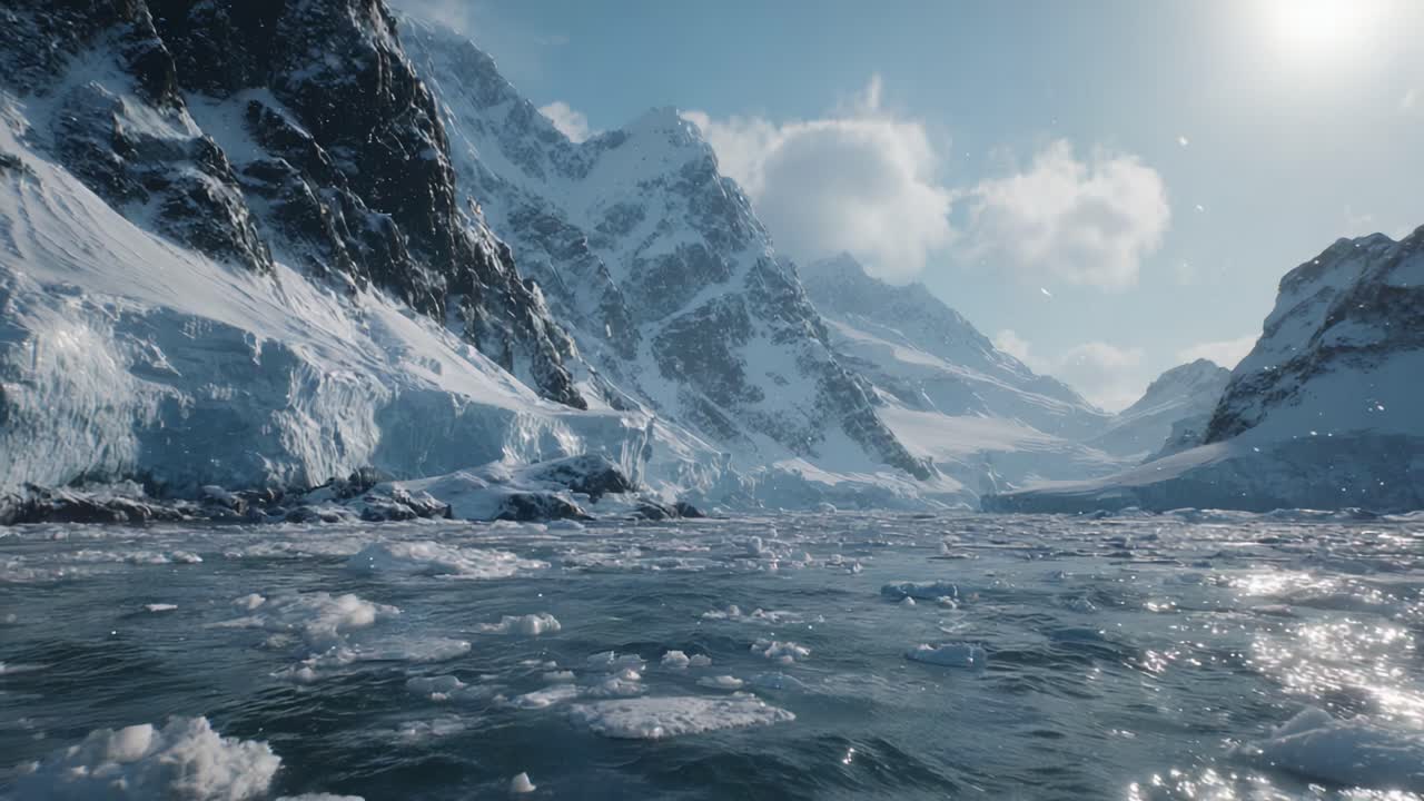 Majestic Glacial Landscape: A Stunning View of Ice-Covered Mountains and Frozen Waters Illuminated by Radiant Sunlight