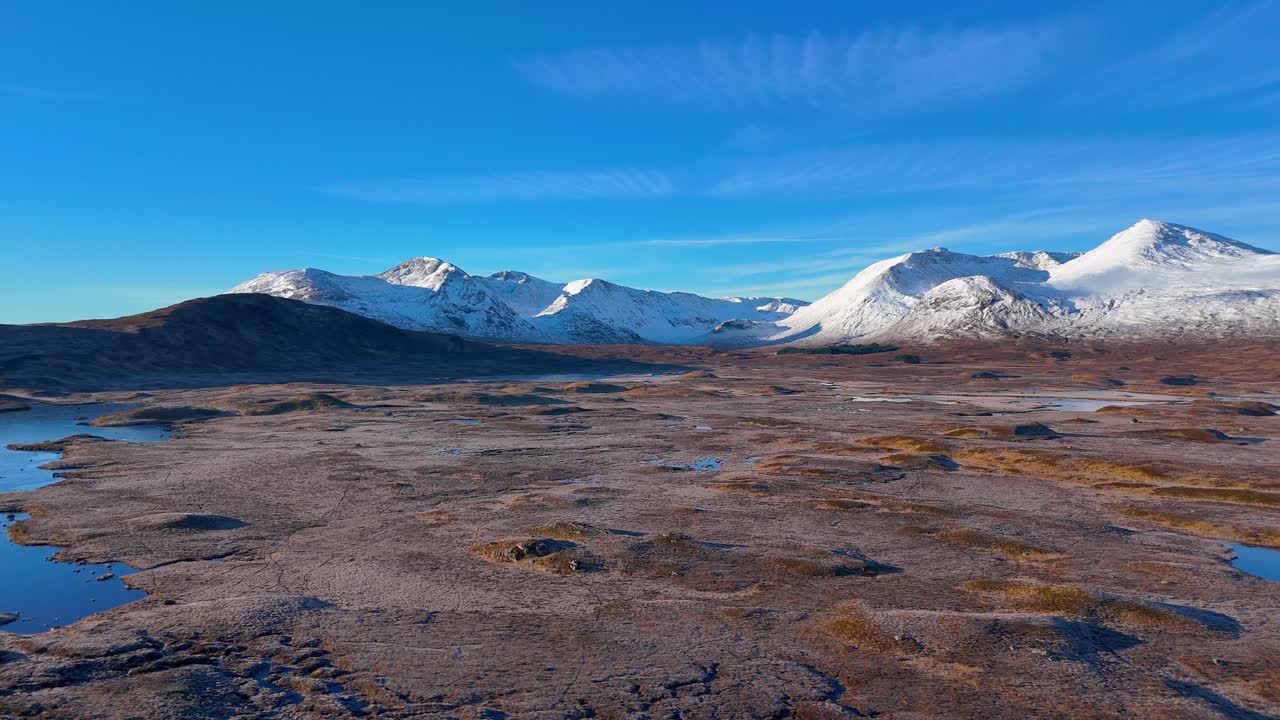 Orbit-optagelse fra luften af de sneklædte bjerge i Rannoch Moor om vinteren.