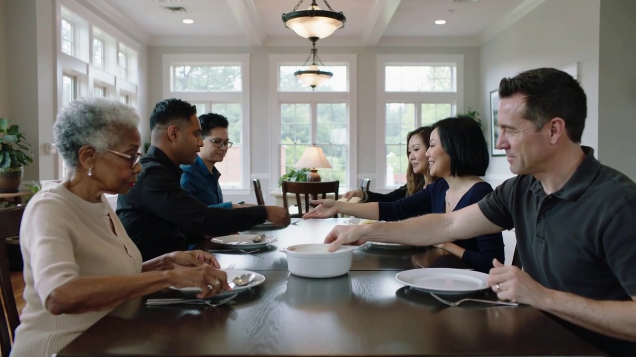 Lifting white serving bowl, family members passing it across wooden dining table, preparing food