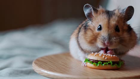 hamster eating a tiny burger