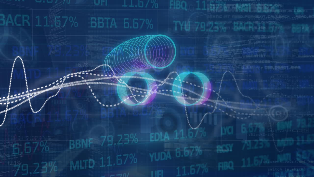 A video of global finance, economy, and technology with neon circles and financial data