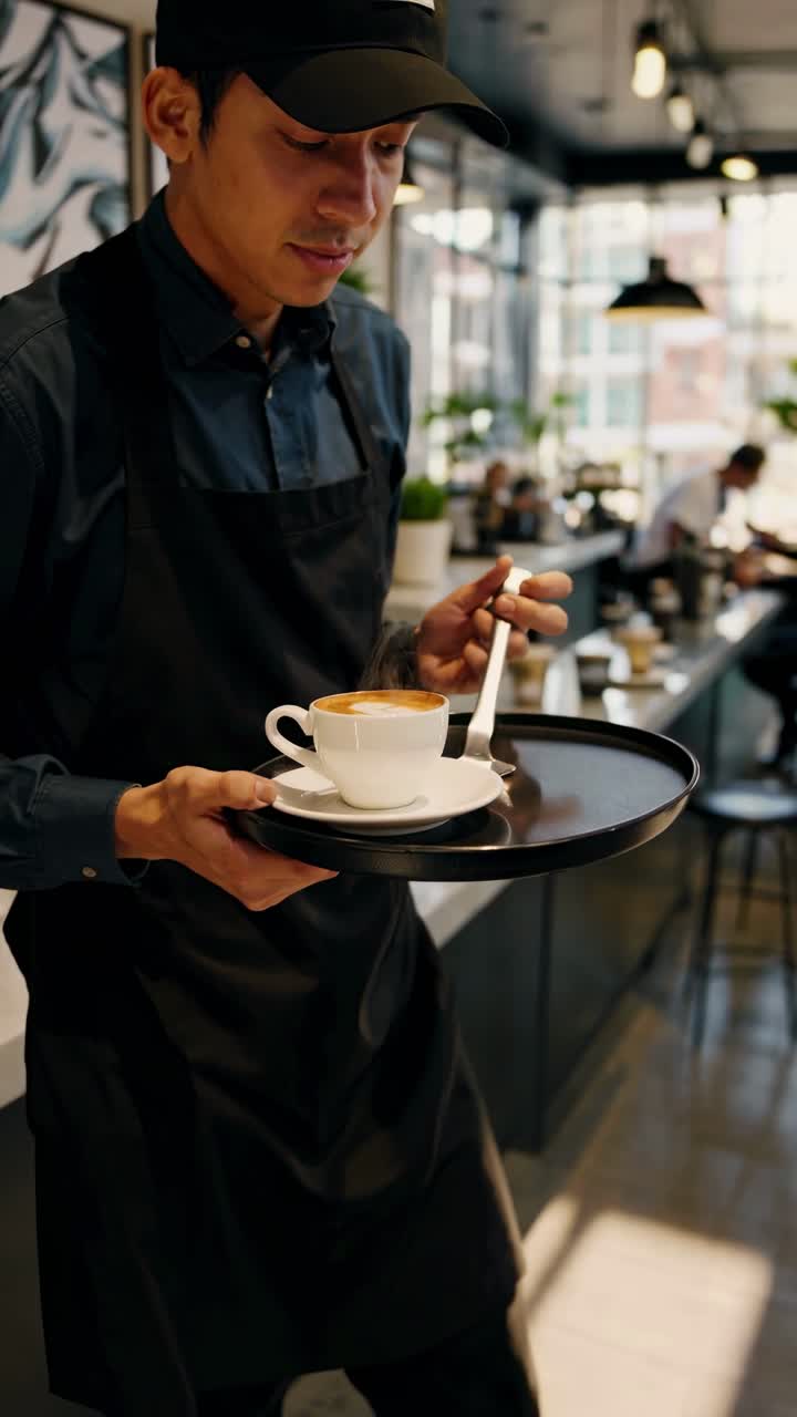 Barista serving coffee in a modern cafe, captured from a low-angle