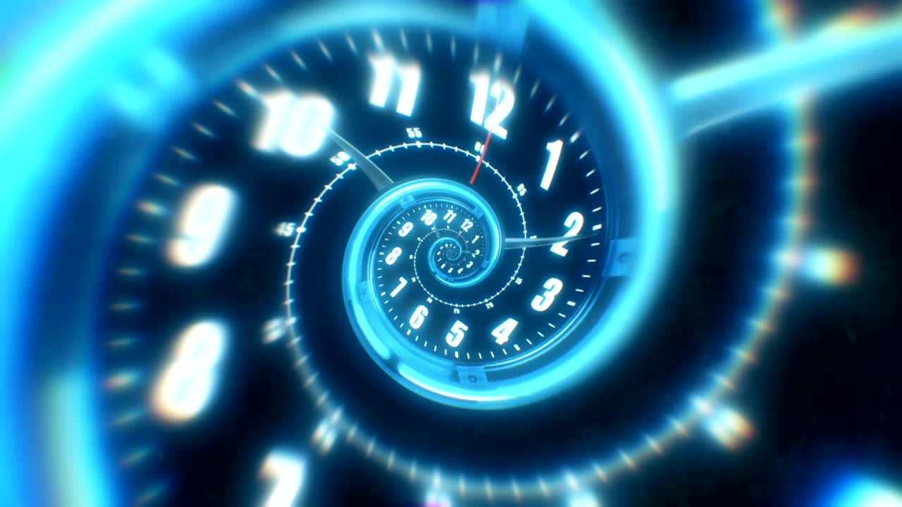 Rotating spiral of a luminous clock from numbers. Abstract seamless animation.
