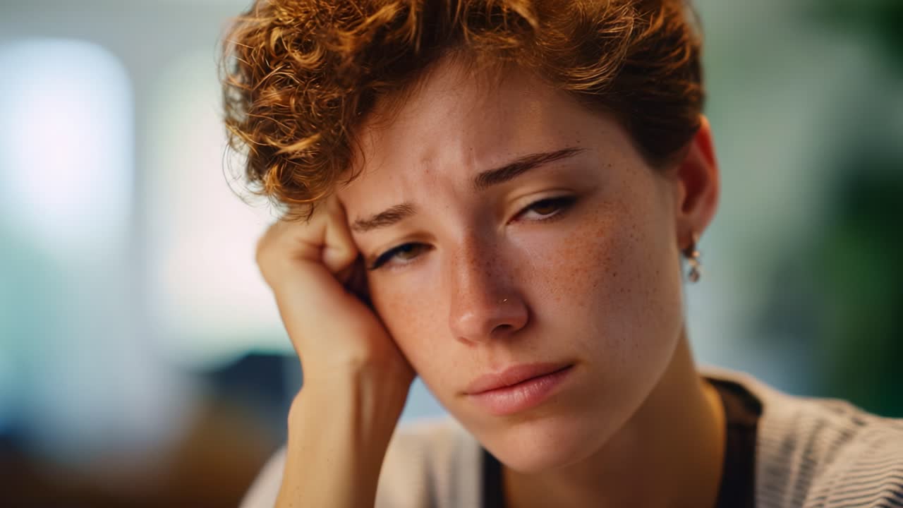 Un momento di contemplazione: un ritratto emotivo che cattura la profondità dei pensieri e delle emozioni nelle espressioni delicate di una giovane donna persa nei suoi pensieri