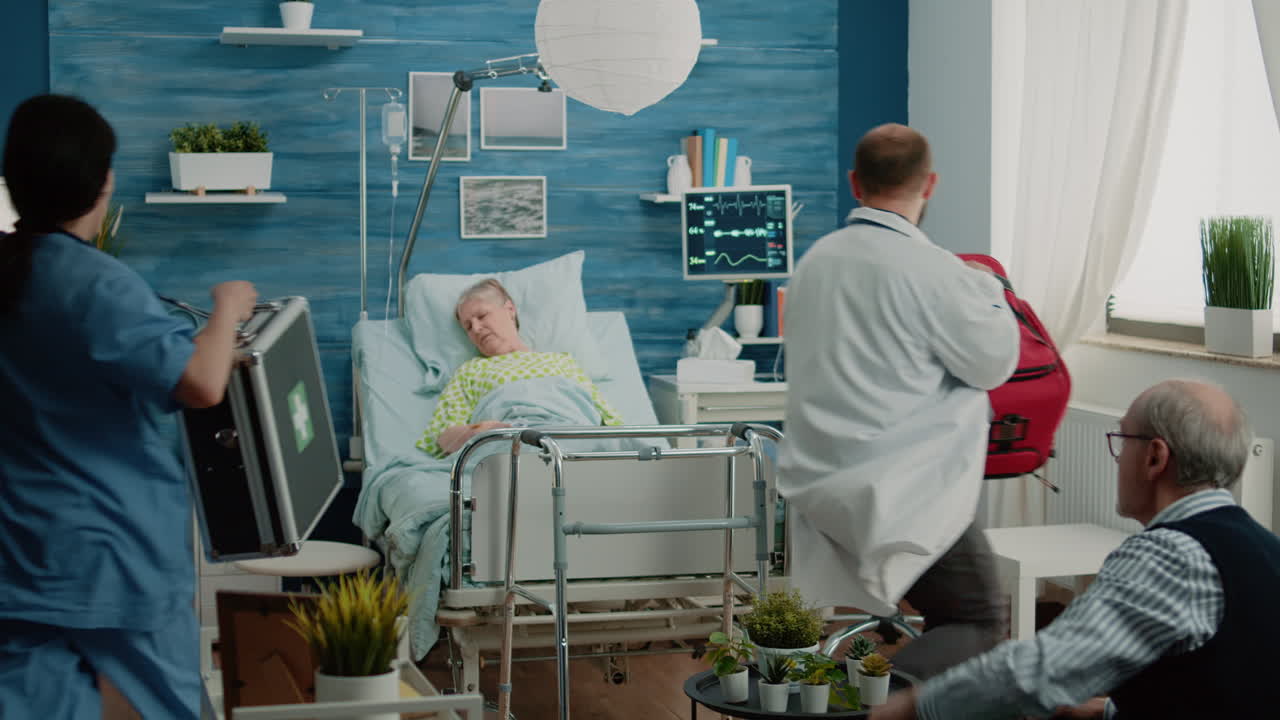 Worried man asking medical team to help sick old wife