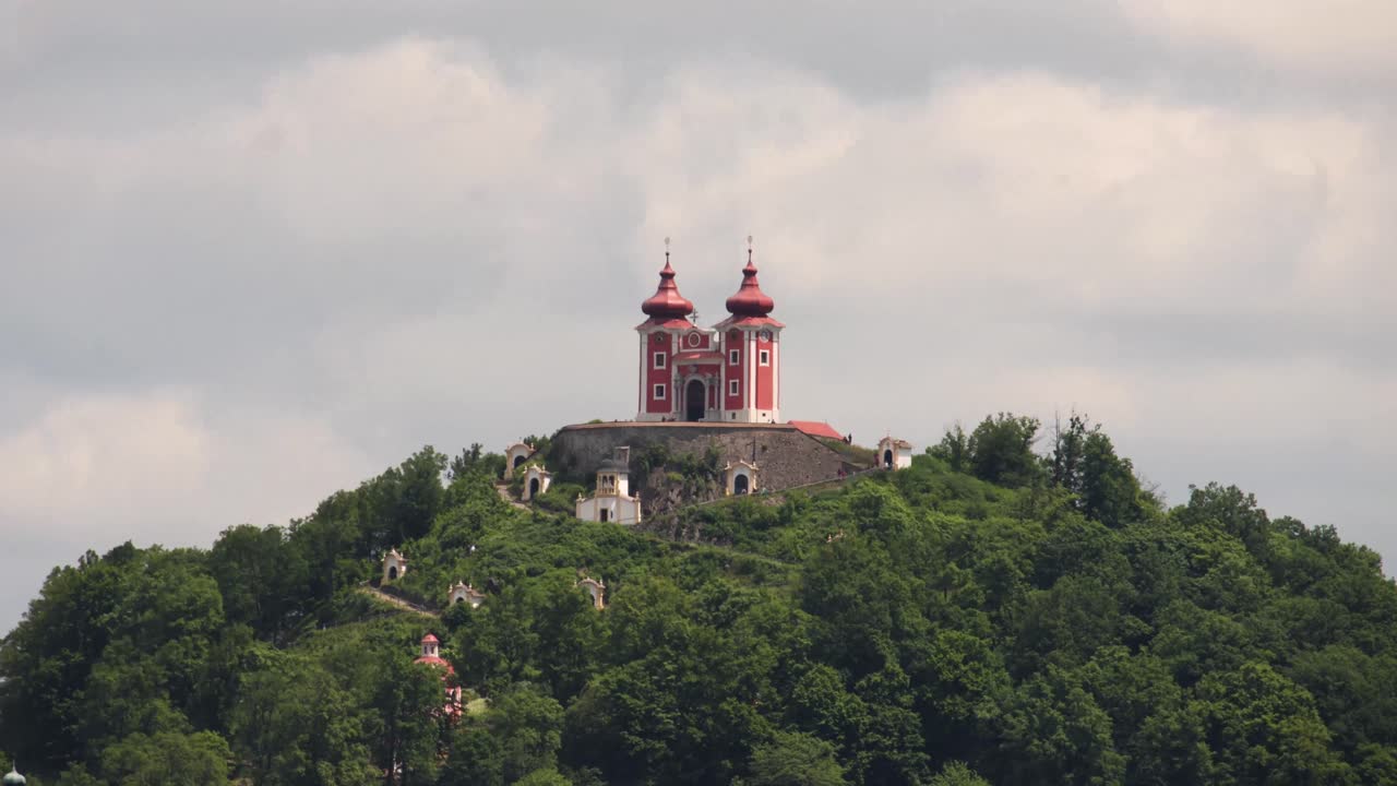 Time lapse of a sunny day at a famous landmark in Banská Štiavnica calvary located in Slovakia