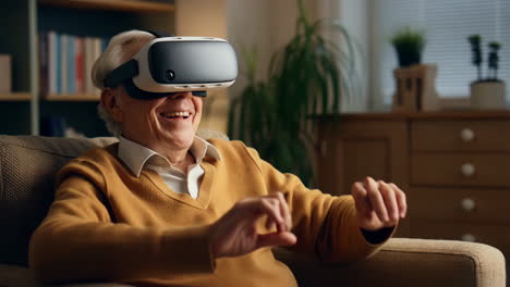 senior man experiencing vr technology at home