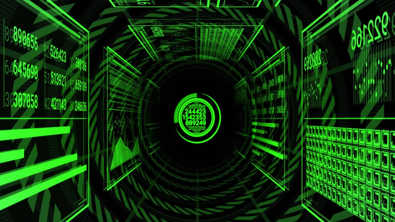 animación de círculos y barras de carga con números cambiantes sobre túnel circular sobre fondo negro