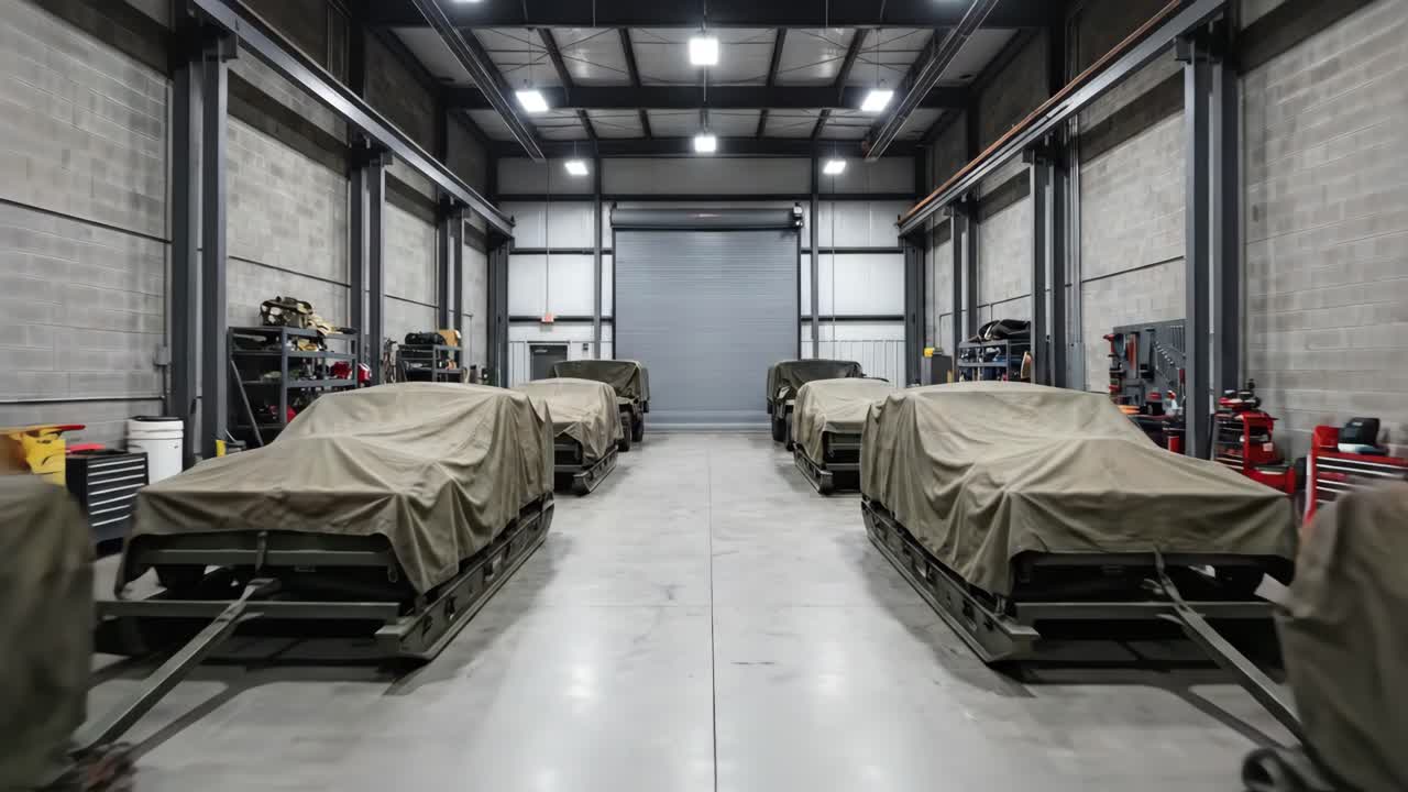 Tracking Shot Past Covered Military Vehicles in a Large Garage