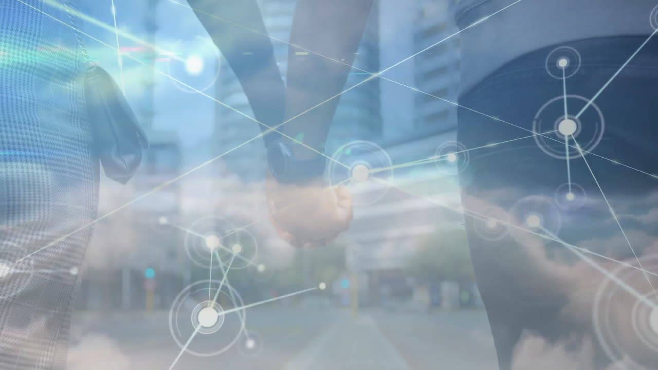 Couple walking hand-in-hand down city street, showing glowing digital network overlay in 3D render
