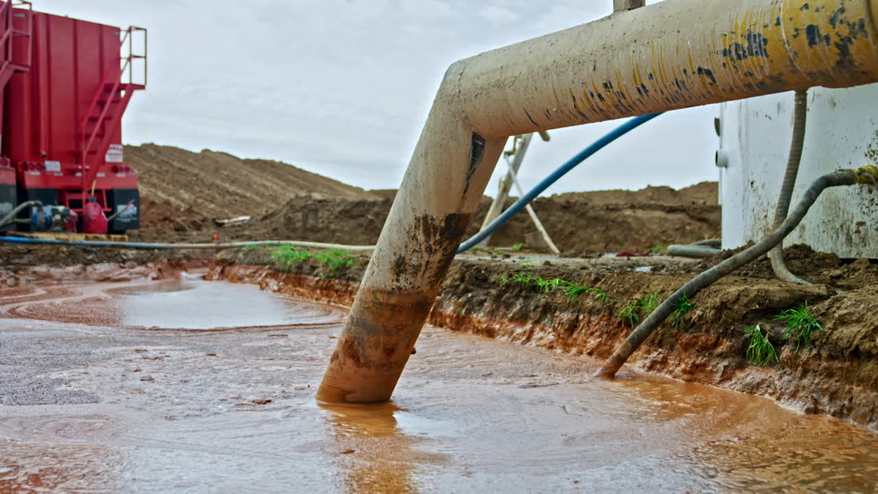 A thick pipe is deepened into a pit filled with mud. Process of gas or oil production. Sand hills at backdrop.