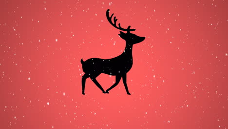 animación de nieve cayendo sobre renos de navidad sobre fondo rojo