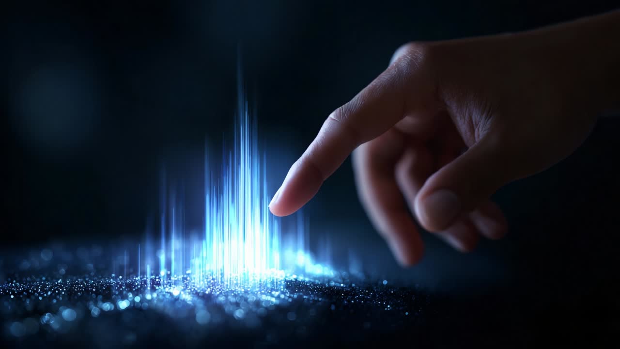 A hand reaches out to interact with a shimmering digital landscape of sound waves, showcasing the fusion of technology and human touch in a captivating visual representation of auditory phenomena