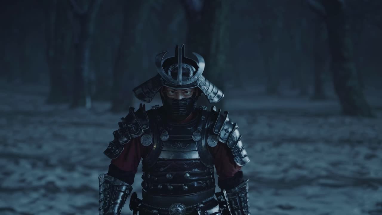 A samurai in detailed armor stands in a snowy forest, captured from a low-angle shot